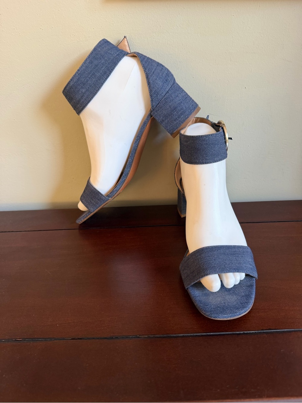 Franco Sarto Ronnie Block Heeled Sandals Blue Denim Adjustable Ankle Strap 7.5